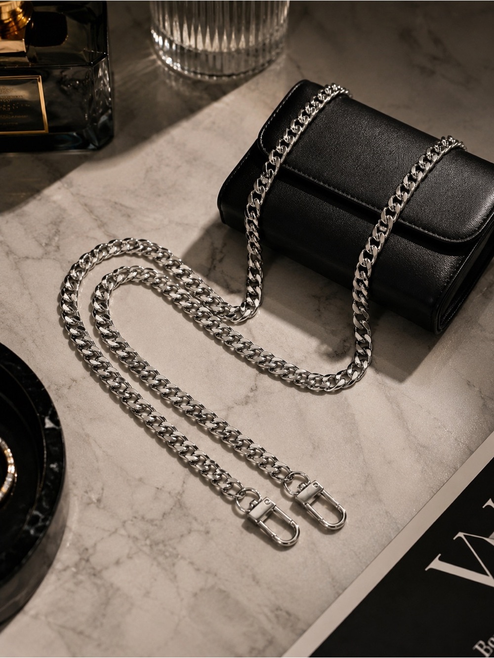 Silver Chain Strap with Black Bag